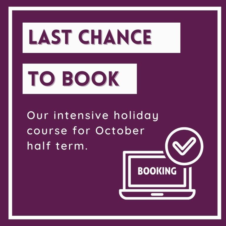 Purple graphic reads last chance to book our intensive holiday course for October half term