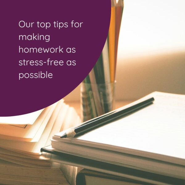 HomeworkHelpwebsite Picture of book and pencils with a pencil pot next to it. Words say our top tips for making homework as stress-free as possible