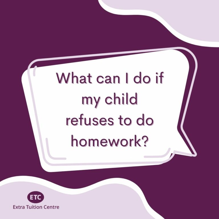 Purple and lilac graphic which says what can I do if my child refuses to do homework?