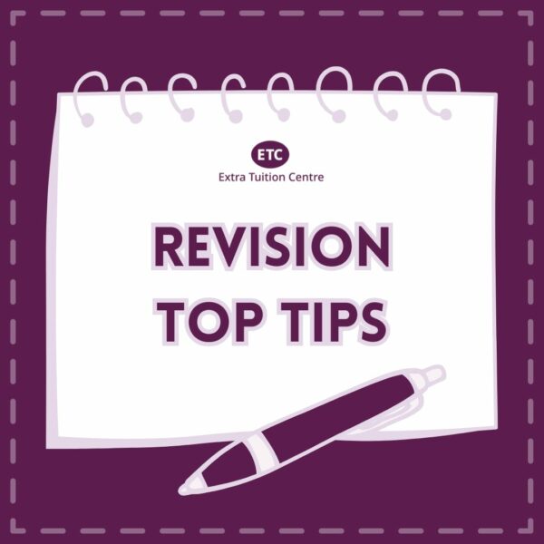 Revision Graphic of a notepad with text reading revision top tips in purple and a picture of a purple and lilac pen.
