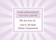 A graphic of a. lilac sunburst with a box that reads new Gravesend Tuition Centre. We are now at Unit 5, 52 Bath Street, Gravesend