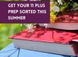 Picture of books on grass with flowers in the foreground and the sun shining. A purple box is on top of the picture and reads 'get your 11 plus prep sorted this summer'