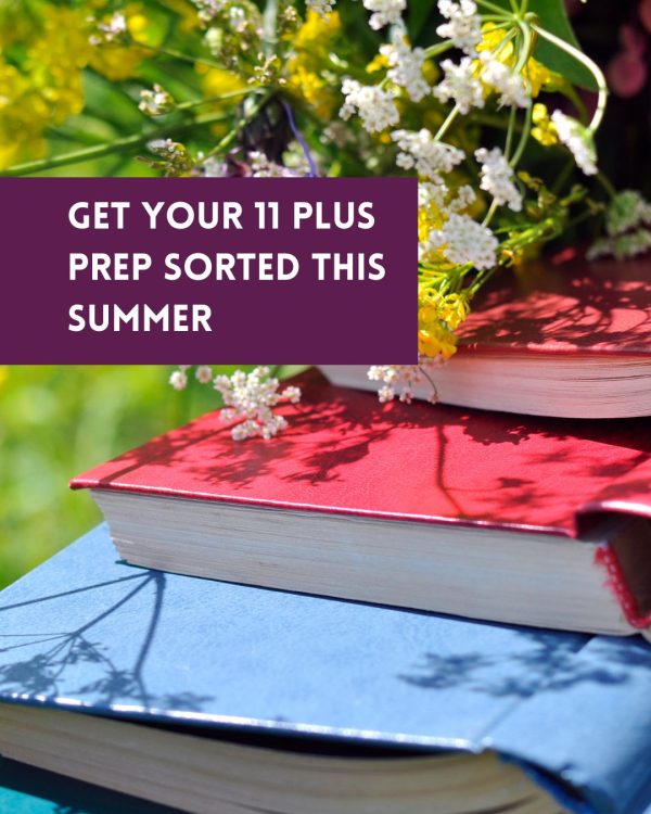 summer 11 plus Picture of books on grass with flowers in the foreground and the sun shining. A purple box is on top of the picture and reads 'get your 11 plus prep sorted this summer'