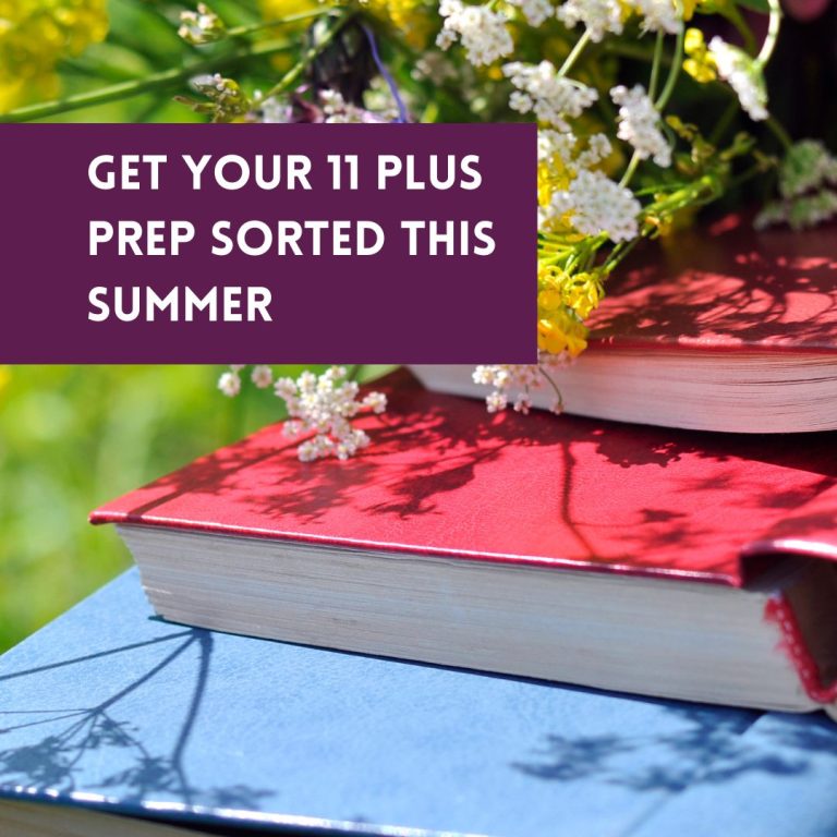 Picture of books on grass with flowers in the foreground and the sun shining. A purple box is on top of the picture and reads 'get your 11 plus prep sorted this summer'