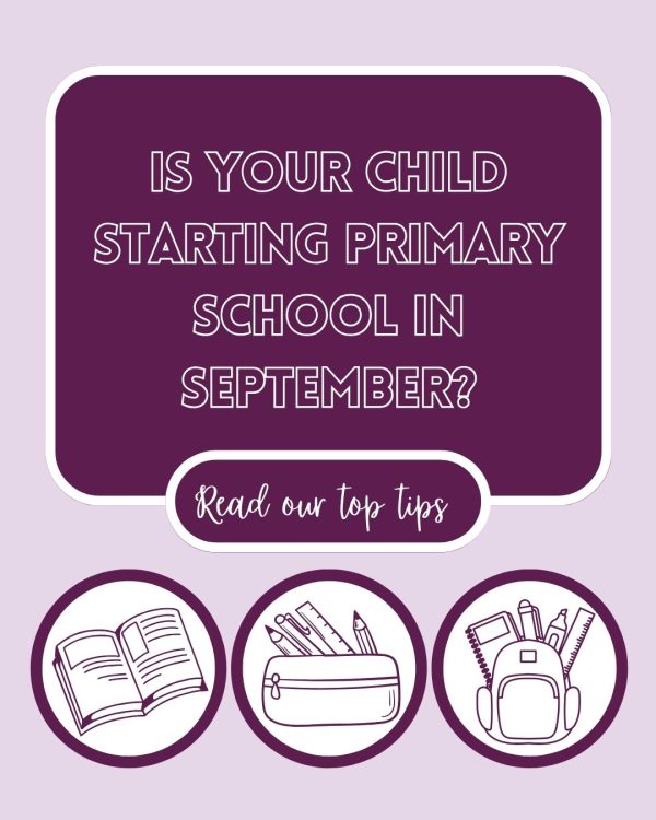 primary Graphic reads Is your child starting primary school in September? Three line drawn pictures show a book, pencil case and rucksack with stationery.