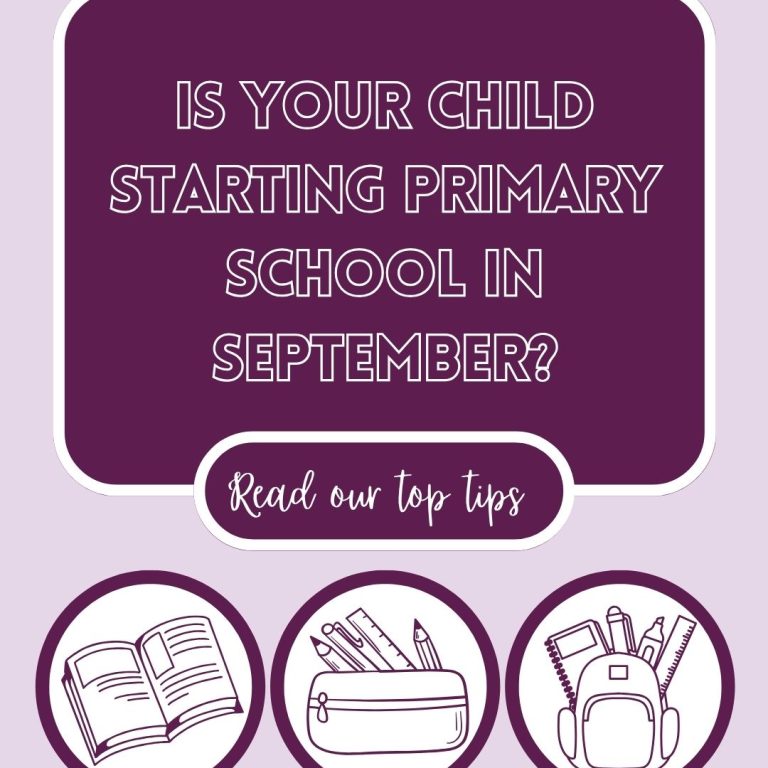 Graphic reads Is your child starting primary school in September? Three line drawn pictures show a book, pencil case and rucksack with stationery.